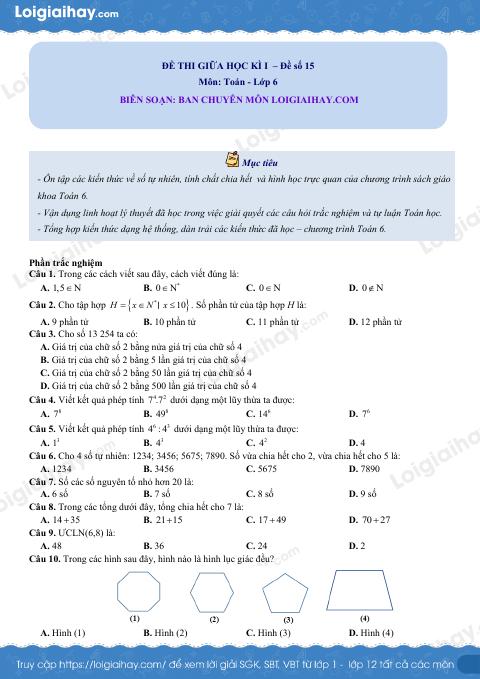 Đề thi giữa kì 1 Toán 6 - Đề số 15